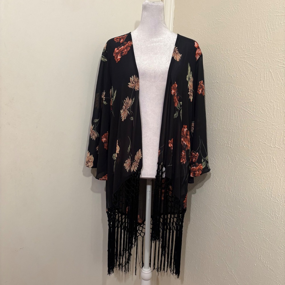 Black Floral Botanical Sheer Kimono Duster Coverup Fringe Trim Boho Witchy Artsy